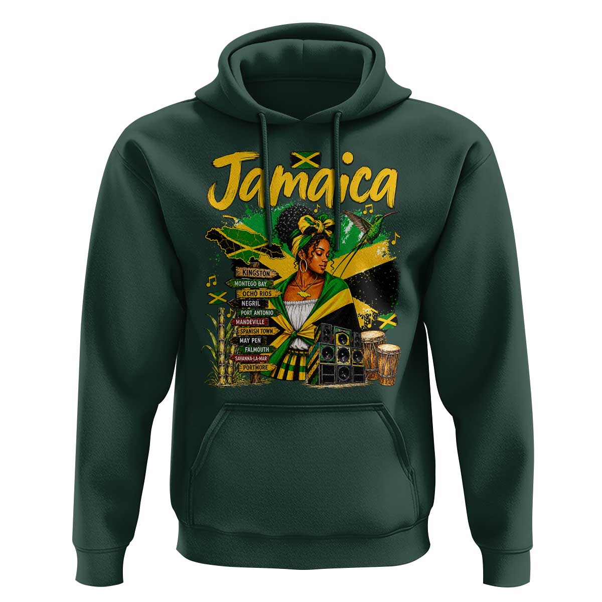 Proud Jamaican Queen Jamaica Roots Heritage Hoodie Doctor Bird and Island Landmarks Graphic