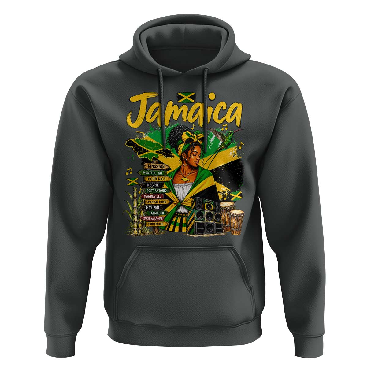 Proud Jamaican Queen Jamaica Roots Heritage Hoodie Doctor Bird and Island Landmarks Graphic