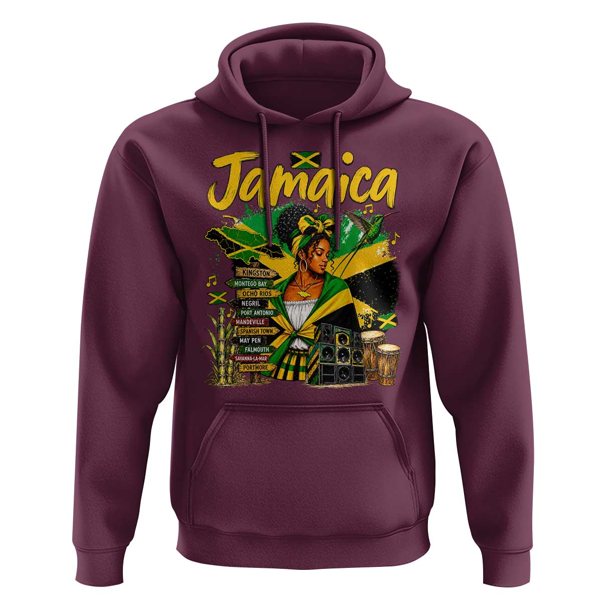 Proud Jamaican Queen Jamaica Roots Heritage Hoodie Doctor Bird and Island Landmarks Graphic