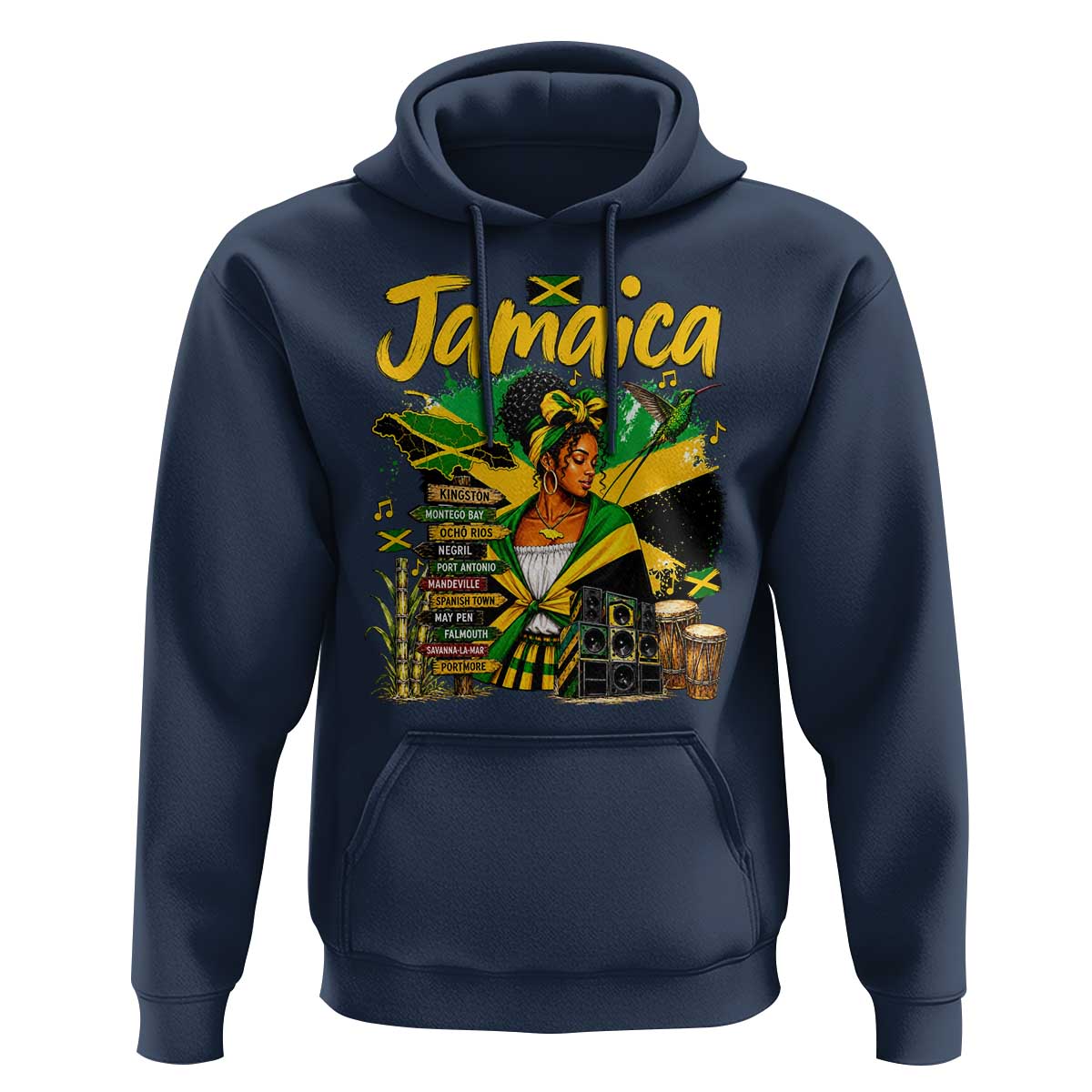 Proud Jamaican Queen Jamaica Roots Heritage Hoodie Doctor Bird and Island Landmarks Graphic