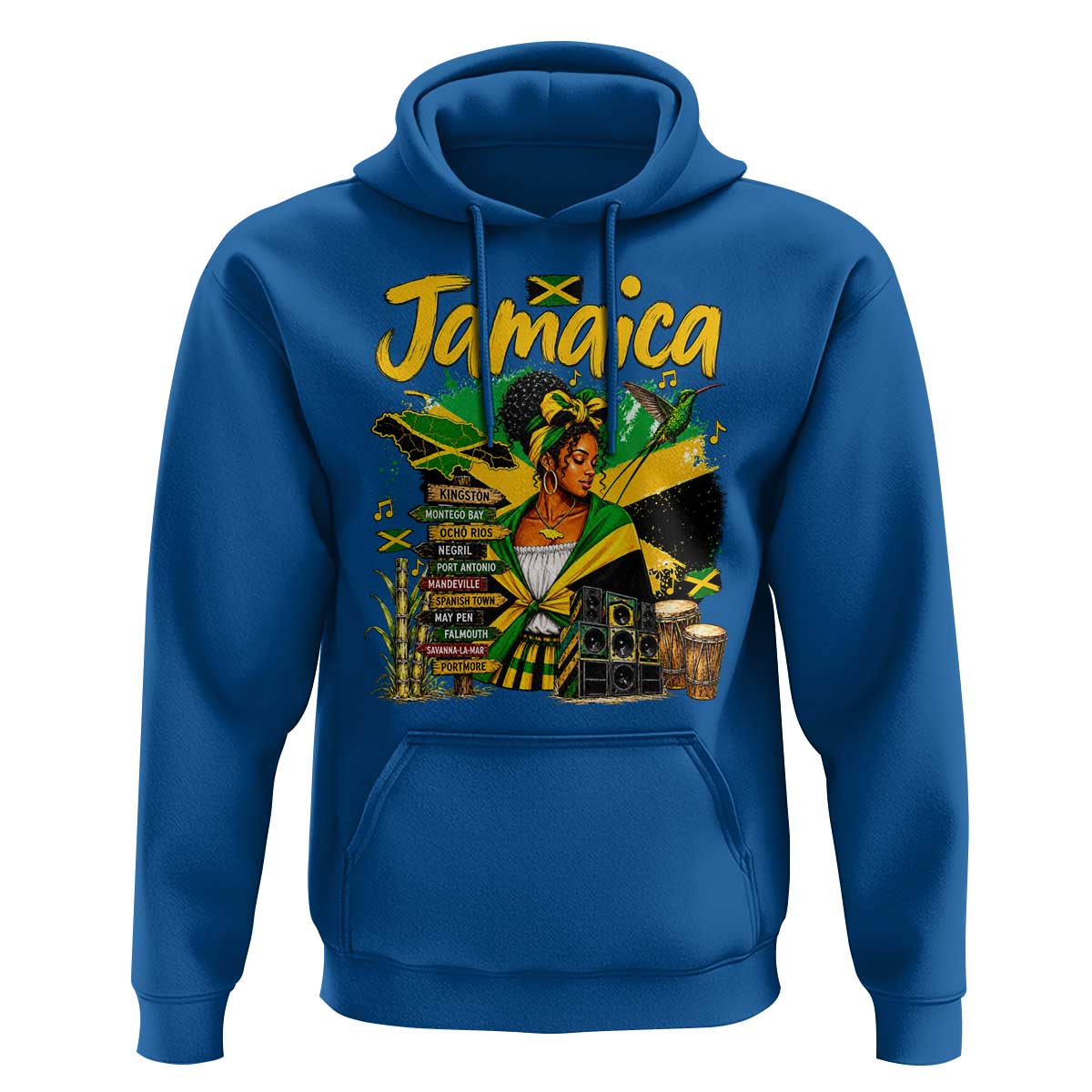 Proud Jamaican Queen Jamaica Roots Heritage Hoodie Doctor Bird and Island Landmarks Graphic