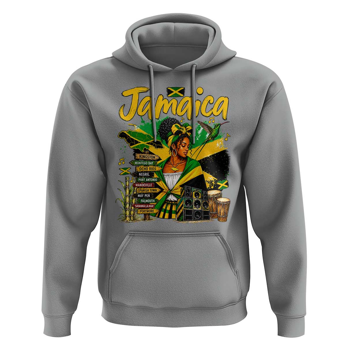 Proud Jamaican Queen Jamaica Roots Heritage Hoodie Doctor Bird and Island Landmarks Graphic