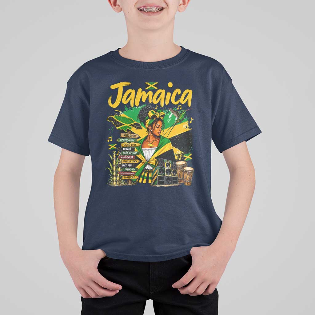 Proud Jamaican Queen Jamaica Roots Heritage T Shirt For Kid Doctor Bird and Island Landmarks Graphic