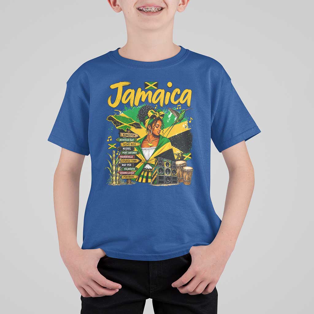Proud Jamaican Queen Jamaica Roots Heritage T Shirt For Kid Doctor Bird and Island Landmarks Graphic