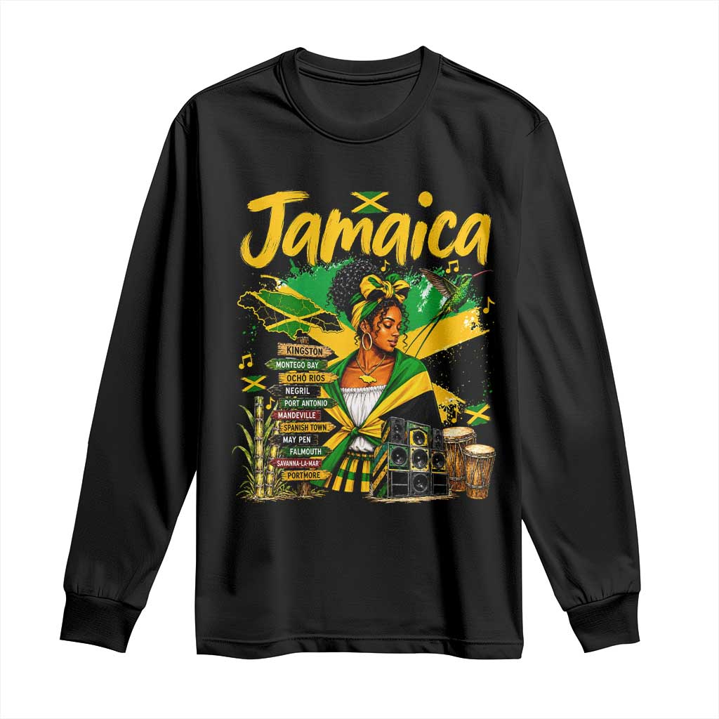 Proud Jamaican Queen Jamaica Roots Heritage Long Sleeve Shirt Doctor Bird and Island Landmarks Graphic