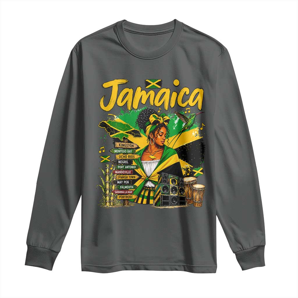 Proud Jamaican Queen Jamaica Roots Heritage Long Sleeve Shirt Doctor Bird and Island Landmarks Graphic