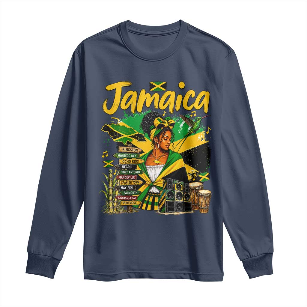Proud Jamaican Queen Jamaica Roots Heritage Long Sleeve Shirt Doctor Bird and Island Landmarks Graphic