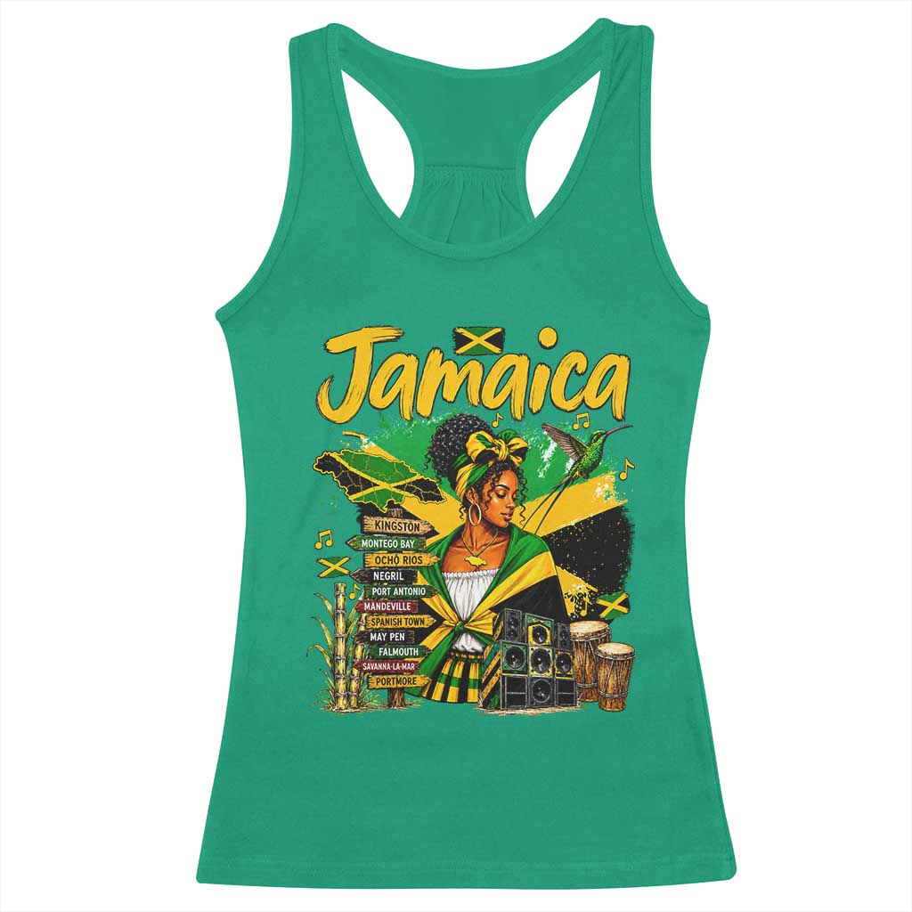 Proud Jamaican Queen Jamaica Roots Heritage Racerback Tank Top Doctor Bird and Island Landmarks Graphic