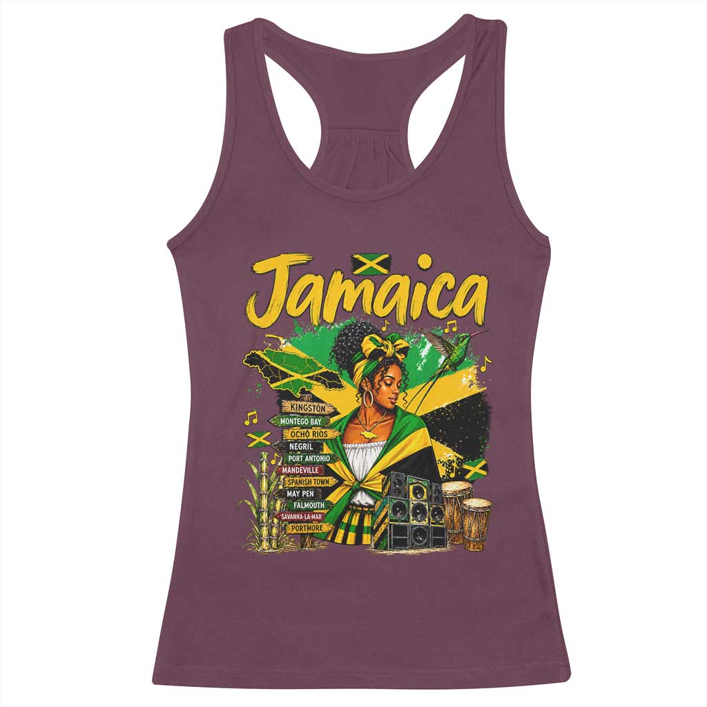 Proud Jamaican Queen Jamaica Roots Heritage Racerback Tank Top Doctor Bird and Island Landmarks Graphic