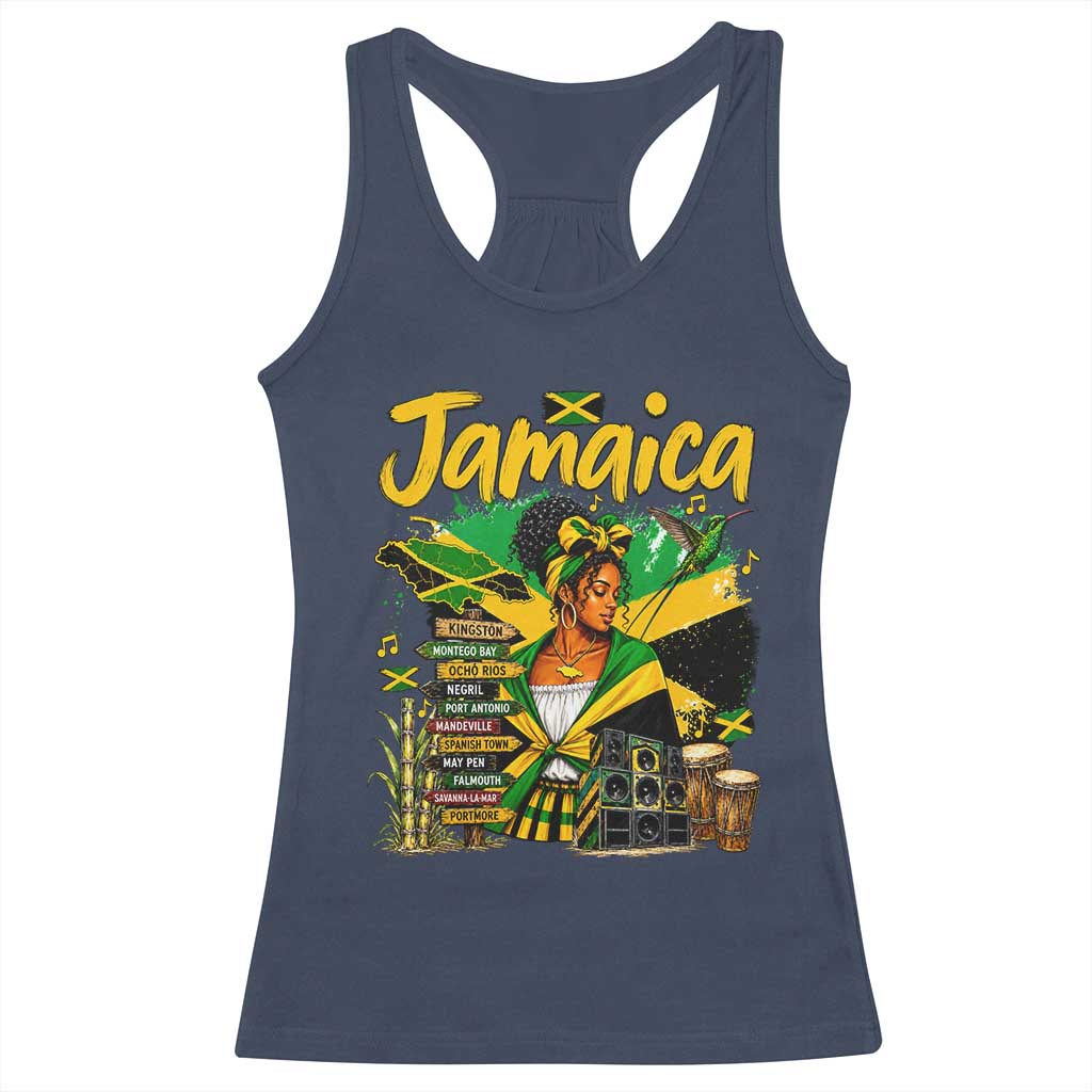 Proud Jamaican Queen Jamaica Roots Heritage Racerback Tank Top Doctor Bird and Island Landmarks Graphic