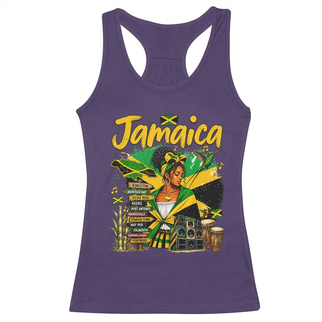 Proud Jamaican Queen Jamaica Roots Heritage Racerback Tank Top Doctor Bird and Island Landmarks Graphic