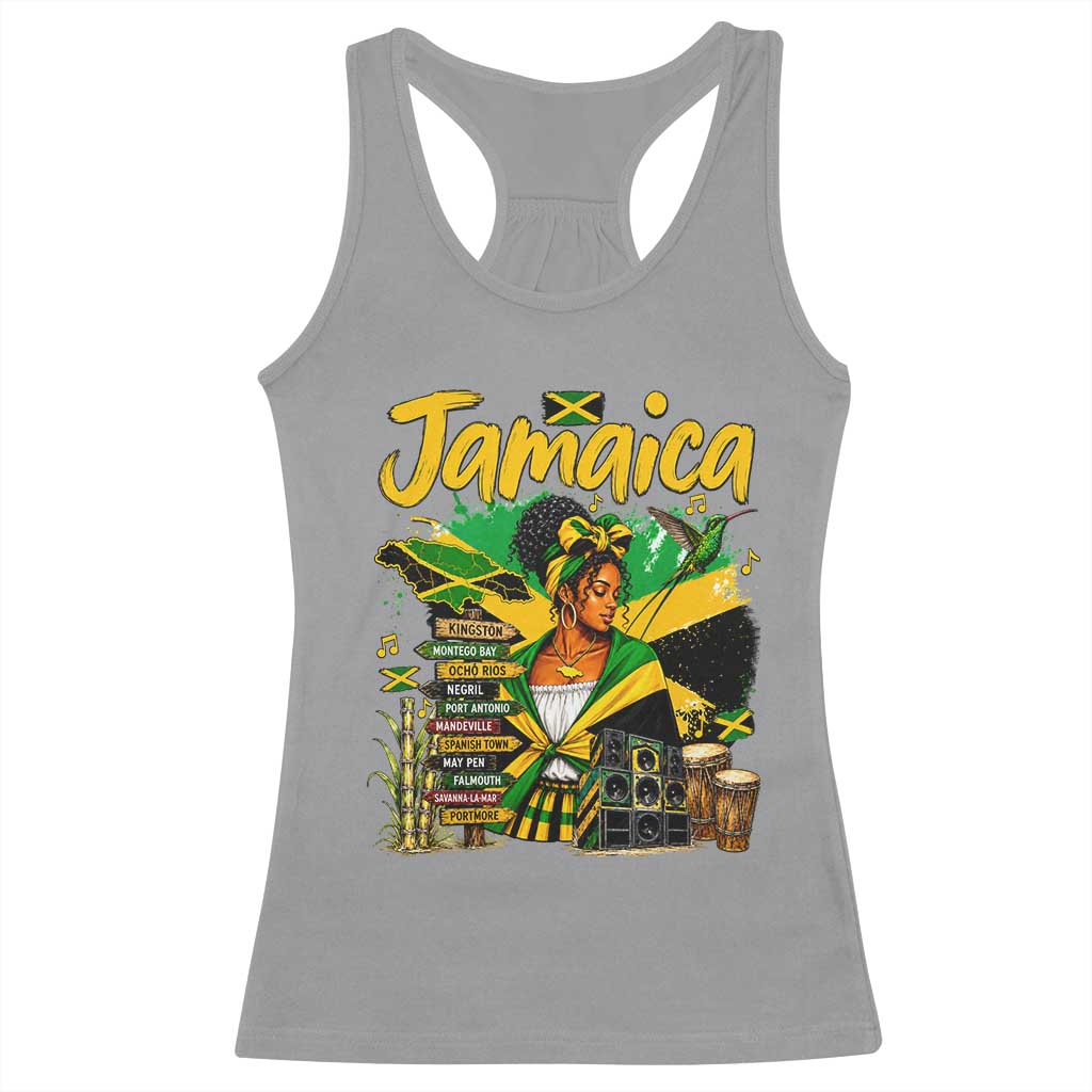 Proud Jamaican Queen Jamaica Roots Heritage Racerback Tank Top Doctor Bird and Island Landmarks Graphic