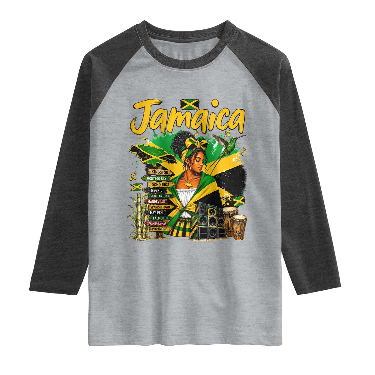 Proud Jamaican Queen Jamaica Roots Heritage Raglan Shirt Doctor Bird and Island Landmarks Graphic