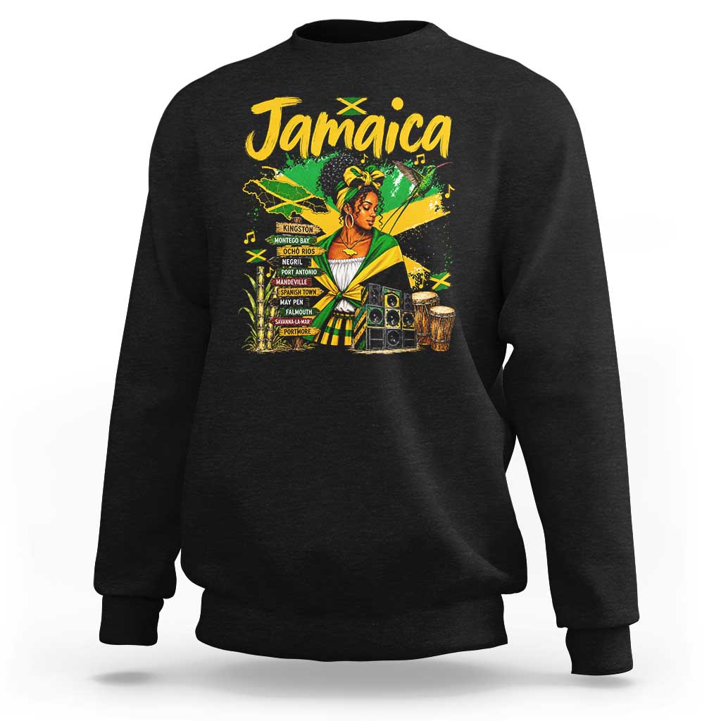 Proud Jamaican Queen Jamaica Roots Heritage Sweatshirt Doctor Bird and Island Landmarks Graphic