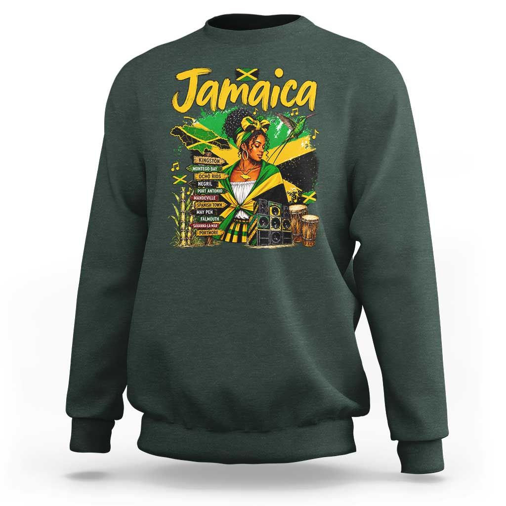 Proud Jamaican Queen Jamaica Roots Heritage Sweatshirt Doctor Bird and Island Landmarks Graphic