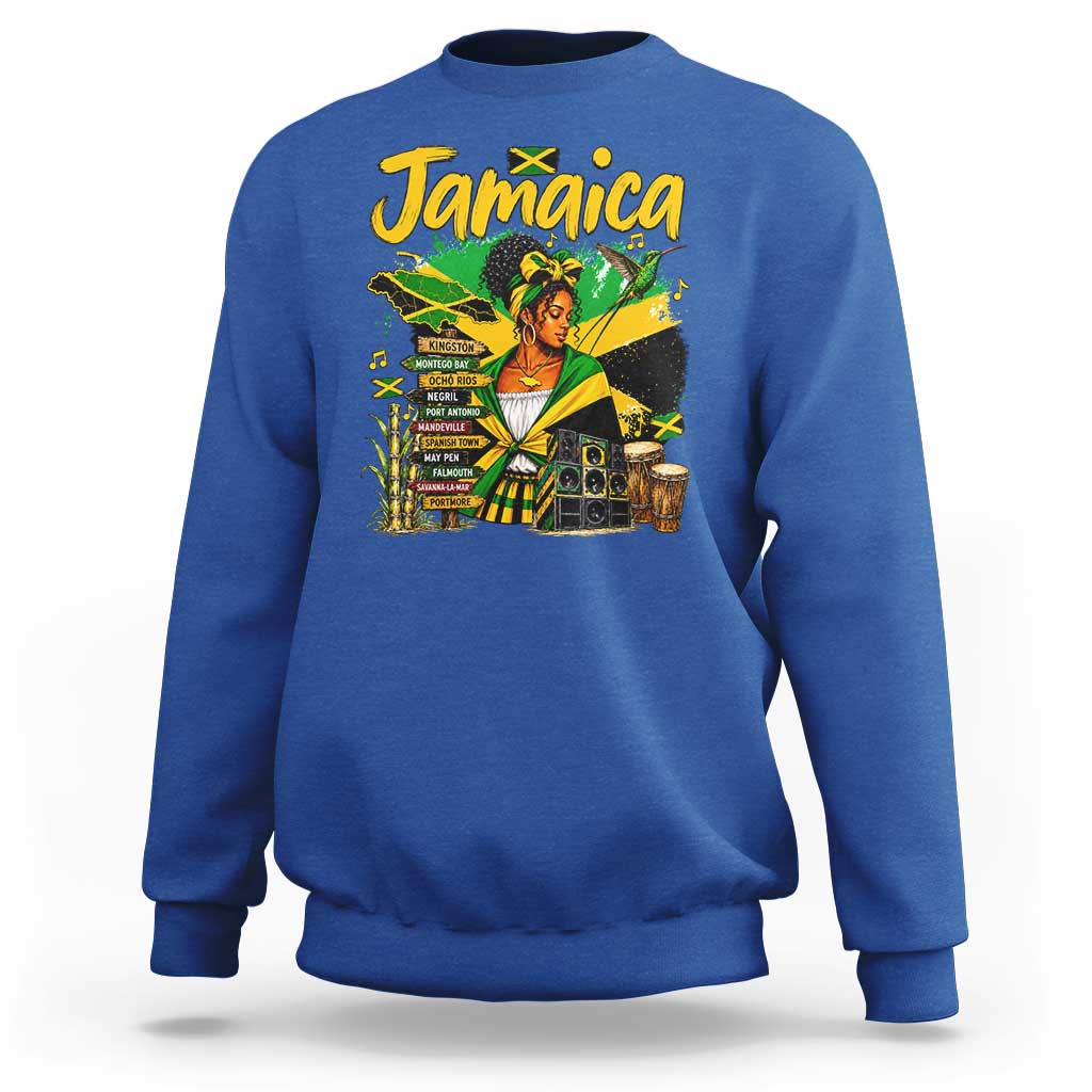 Proud Jamaican Queen Jamaica Roots Heritage Sweatshirt Doctor Bird and Island Landmarks Graphic
