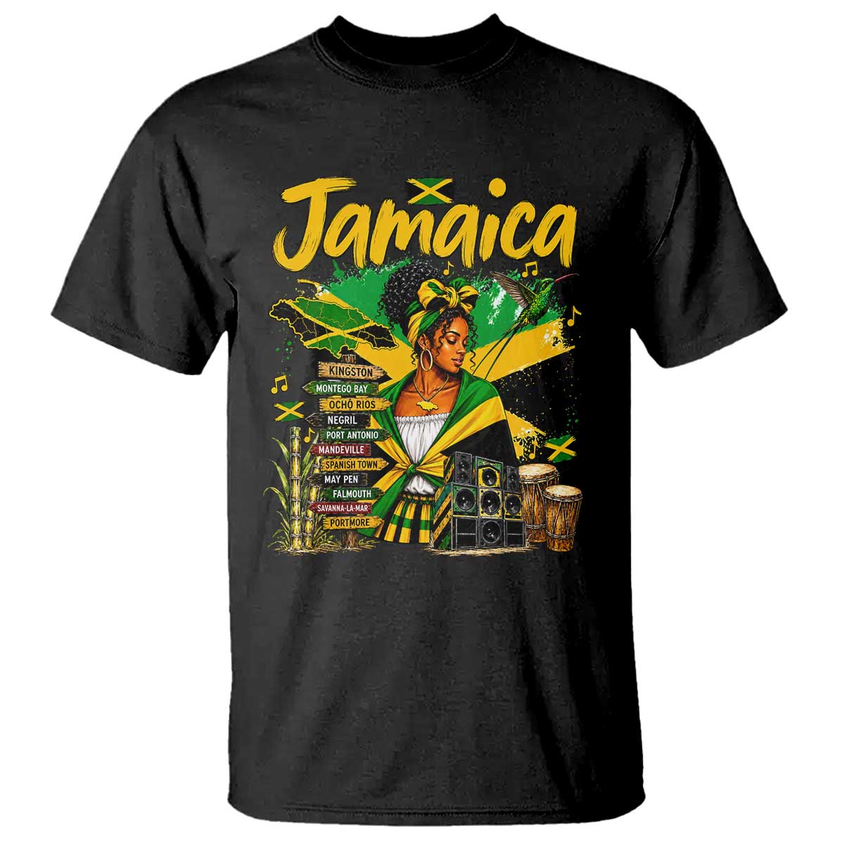 Proud Jamaican Queen Jamaica Roots Heritage T Shirt Doctor Bird and Island Landmarks Graphic