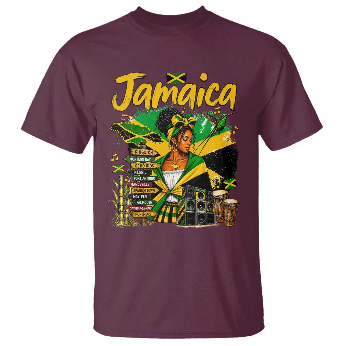 Proud Jamaican Queen Jamaica Roots Heritage T Shirt Doctor Bird and Island Landmarks Graphic