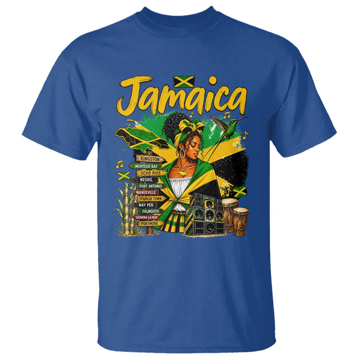 Proud Jamaican Queen Jamaica Roots Heritage T Shirt Doctor Bird and Island Landmarks Graphic