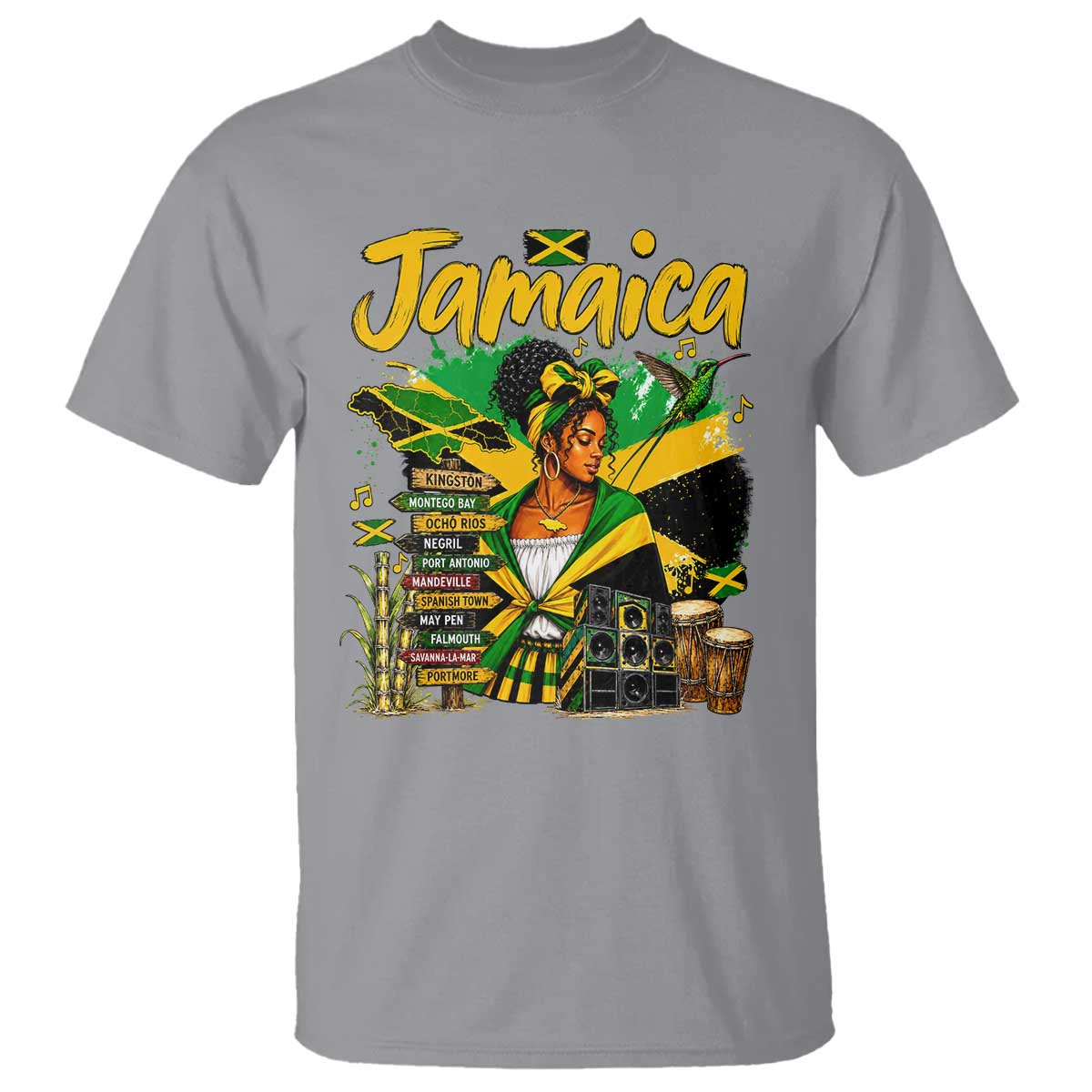 Proud Jamaican Queen Jamaica Roots Heritage T Shirt Doctor Bird and Island Landmarks Graphic