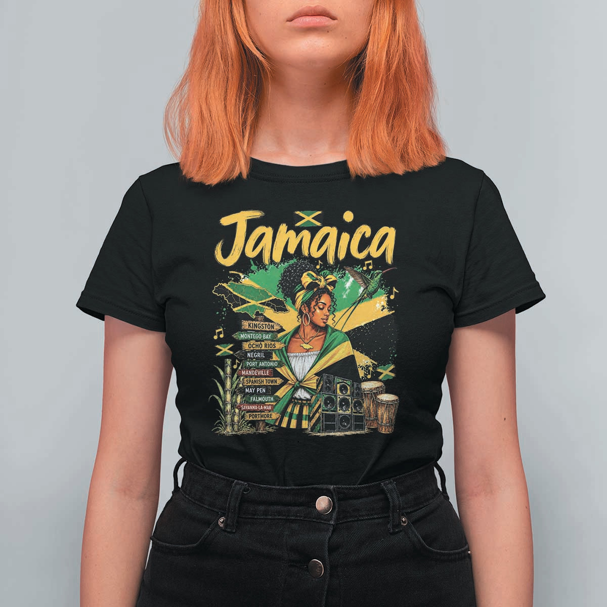 Proud Jamaican Queen Jamaica Roots Heritage T Shirt For Women Doctor Bird and Island Landmarks Graphic