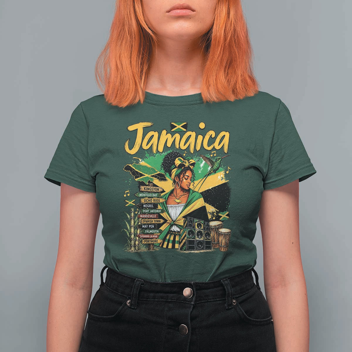 Proud Jamaican Queen Jamaica Roots Heritage T Shirt For Women Doctor Bird and Island Landmarks Graphic