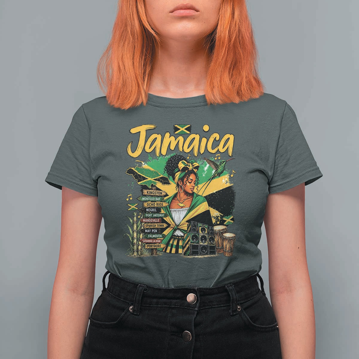 Proud Jamaican Queen Jamaica Roots Heritage T Shirt For Women Doctor Bird and Island Landmarks Graphic