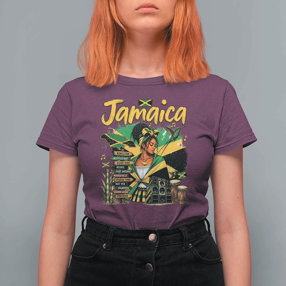 Proud Jamaican Queen Jamaica Roots Heritage T Shirt For Women Doctor Bird and Island Landmarks Graphic