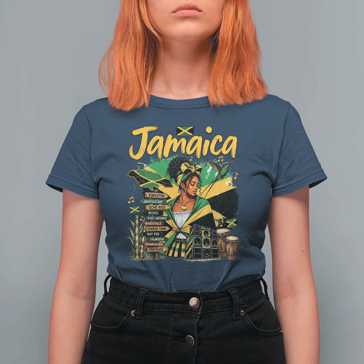 Proud Jamaican Queen Jamaica Roots Heritage T Shirt For Women Doctor Bird and Island Landmarks Graphic
