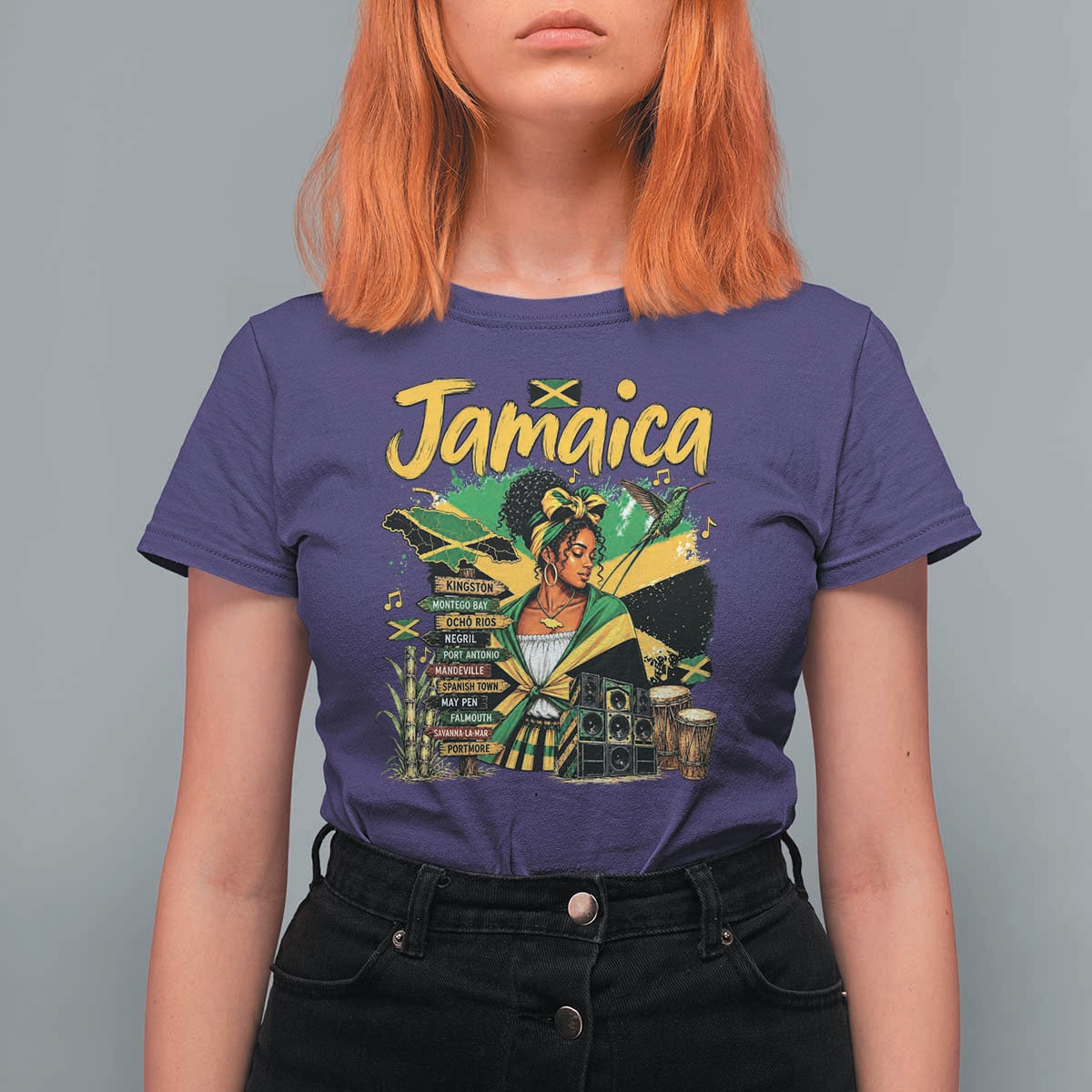 Proud Jamaican Queen Jamaica Roots Heritage T Shirt For Women Doctor Bird and Island Landmarks Graphic