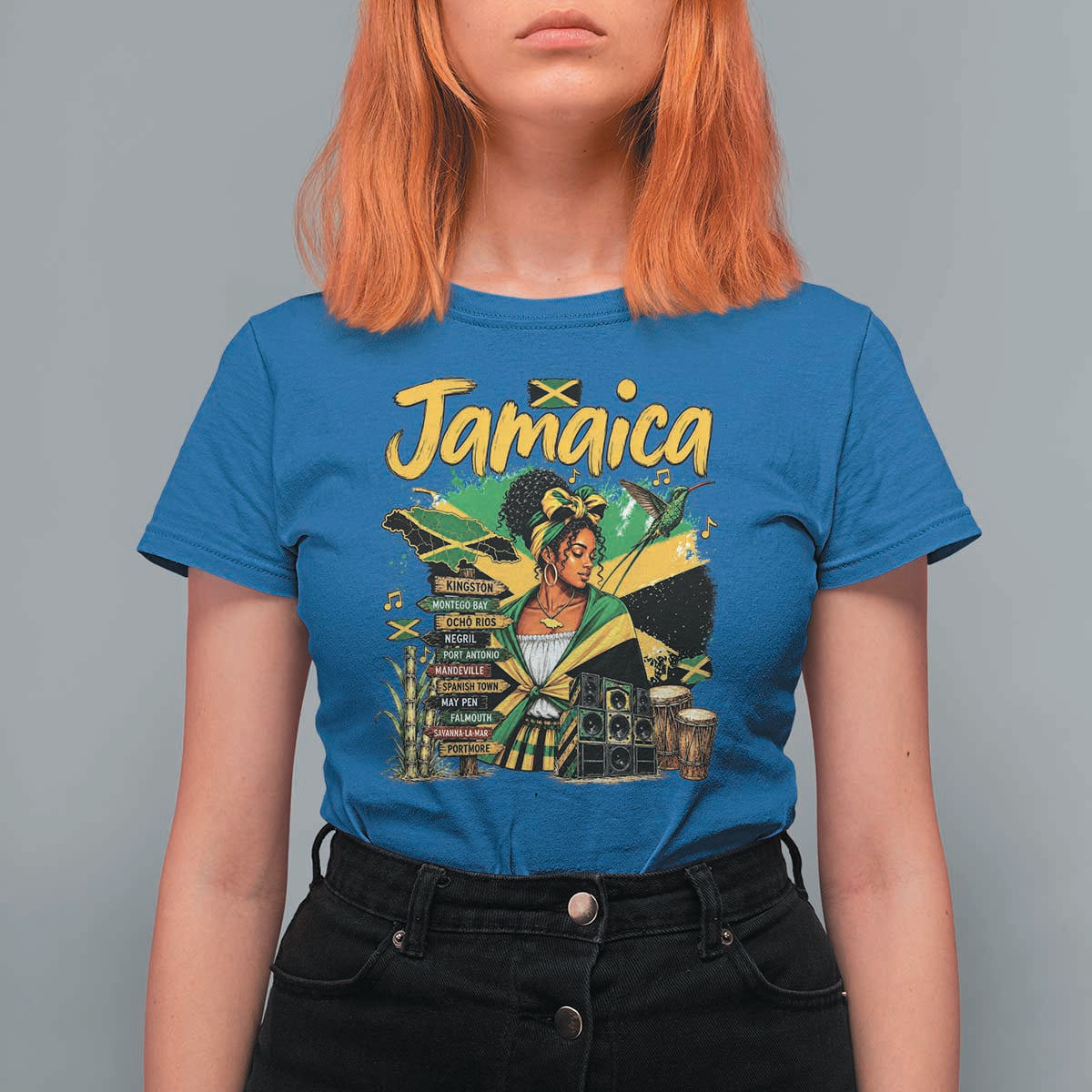 Proud Jamaican Queen Jamaica Roots Heritage T Shirt For Women Doctor Bird and Island Landmarks Graphic