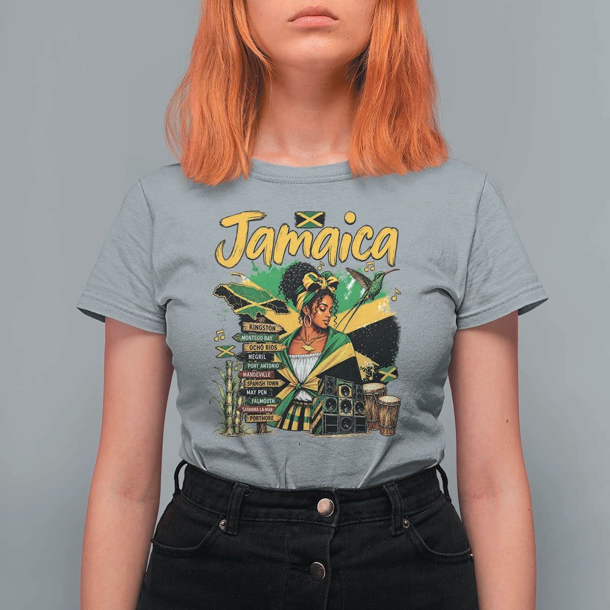 Proud Jamaican Queen Jamaica Roots Heritage T Shirt For Women Doctor Bird and Island Landmarks Graphic