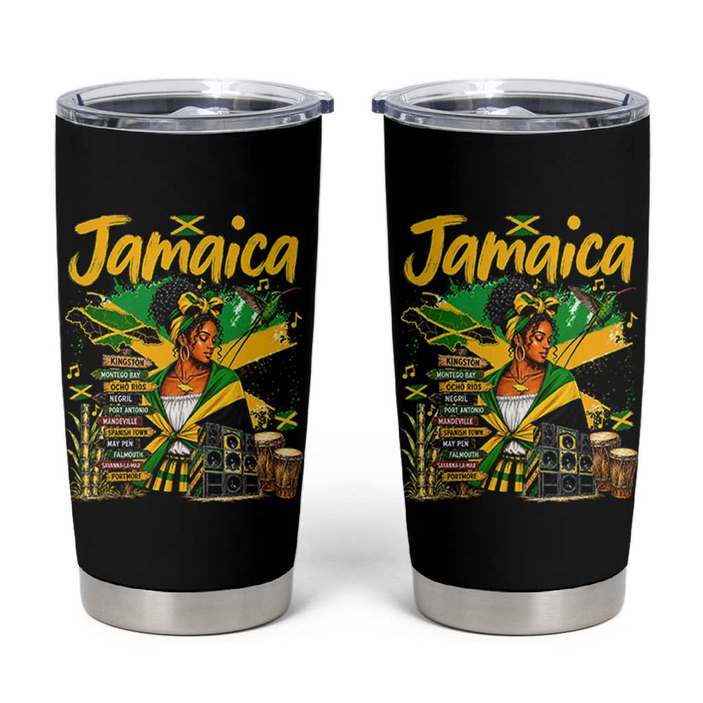 Proud Jamaican Queen Jamaica Roots Heritage Tumbler Cup Doctor Bird and Island Landmarks Graphic
