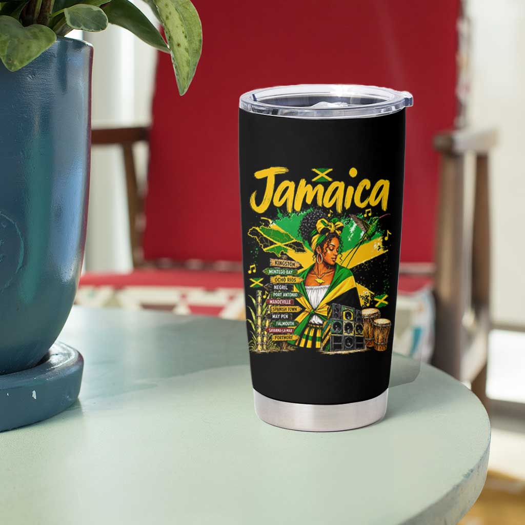 Proud Jamaican Queen Jamaica Roots Heritage Tumbler Cup Doctor Bird and Island Landmarks Graphic