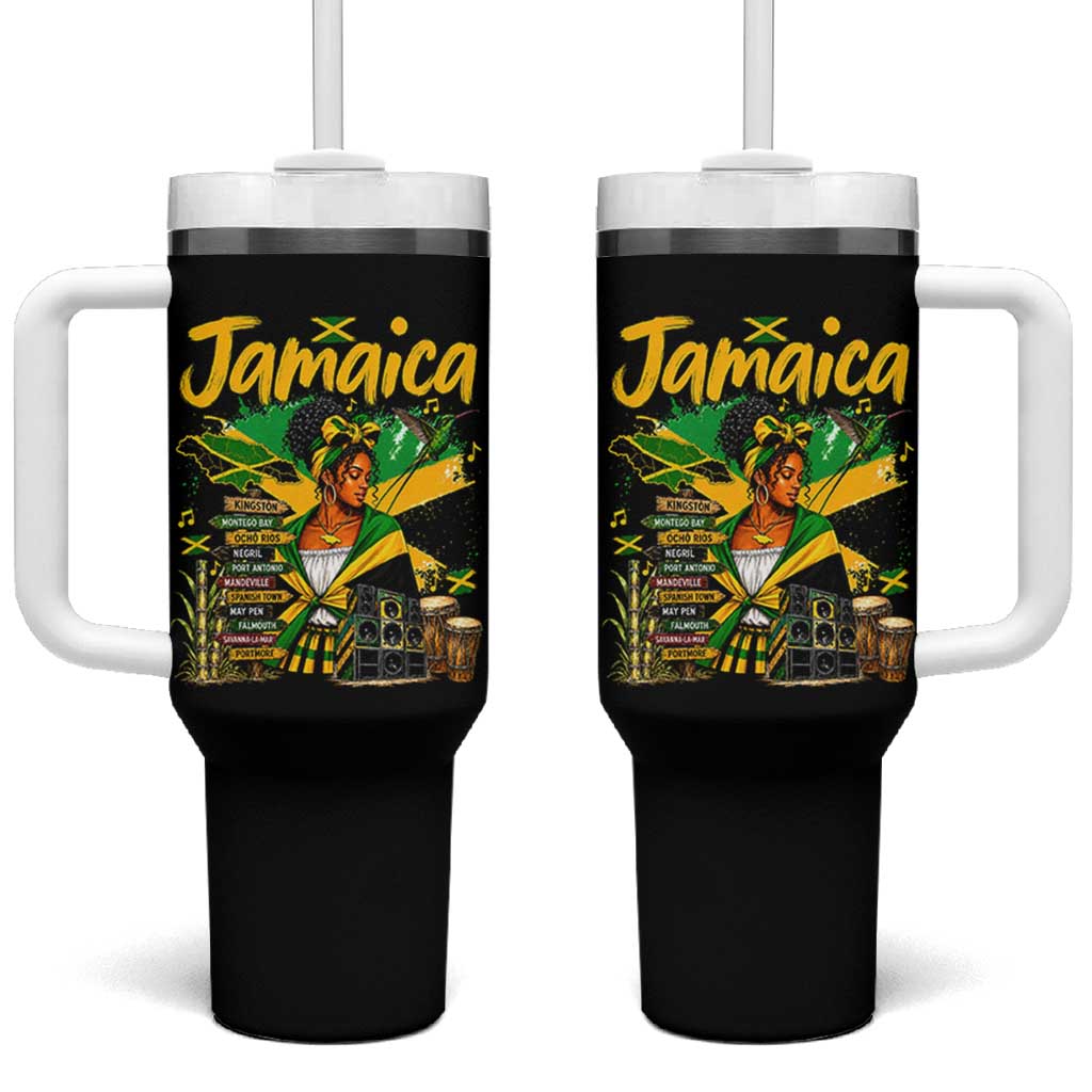 Proud Jamaican Queen Jamaica Roots Heritage Tumbler With Handle Doctor Bird and Island Landmarks Graphic