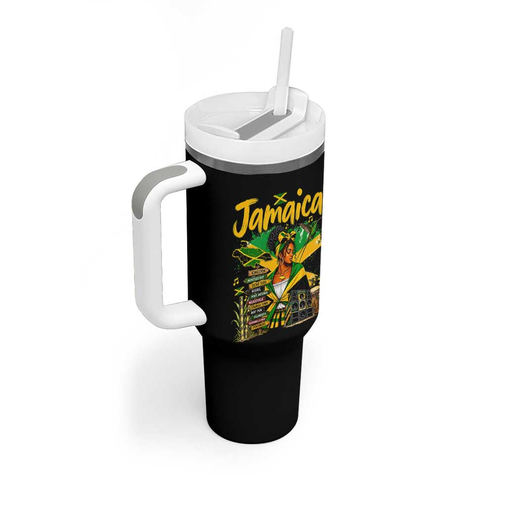 Proud Jamaican Queen Jamaica Roots Heritage Tumbler With Handle Doctor Bird and Island Landmarks Graphic