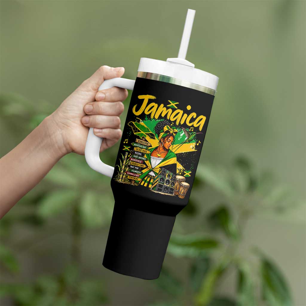 Proud Jamaican Queen Jamaica Roots Heritage Tumbler With Handle Doctor Bird and Island Landmarks Graphic