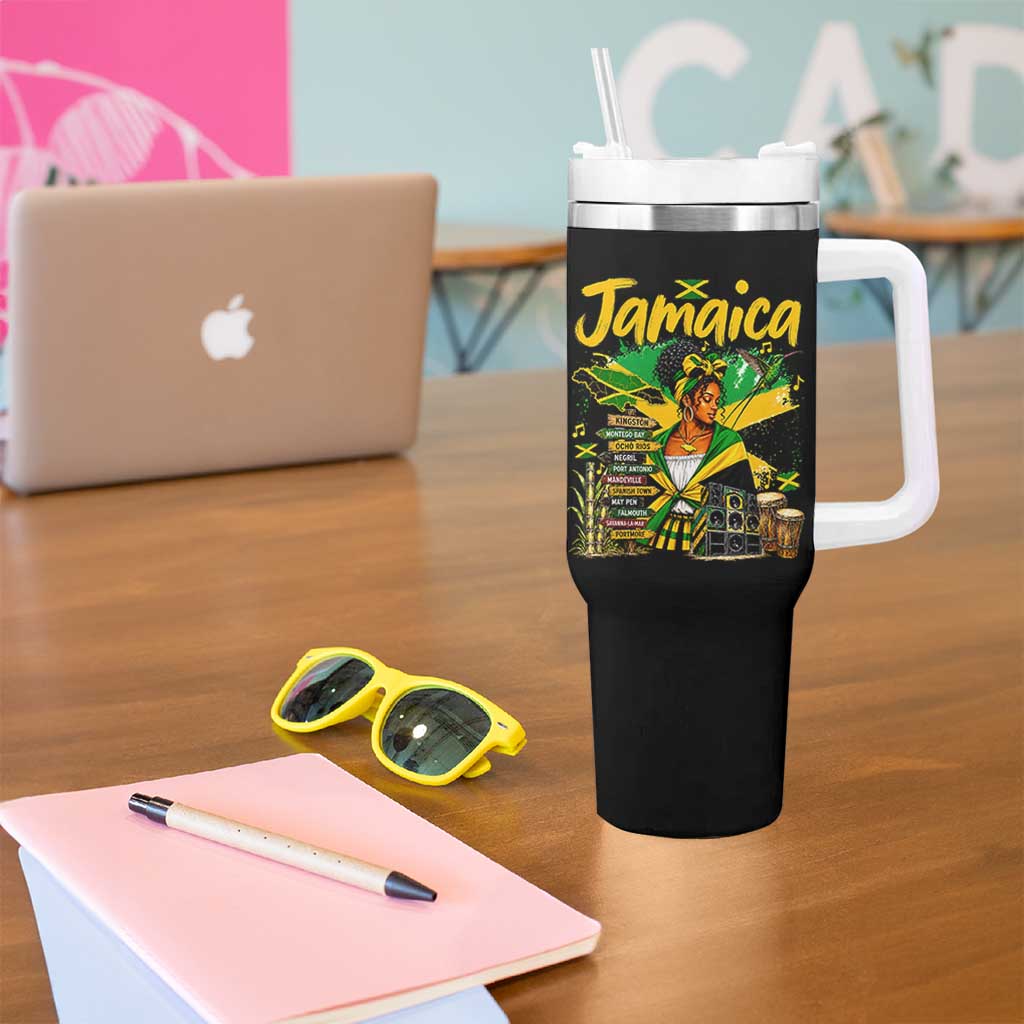 Proud Jamaican Queen Jamaica Roots Heritage Tumbler With Handle Doctor Bird and Island Landmarks Graphic