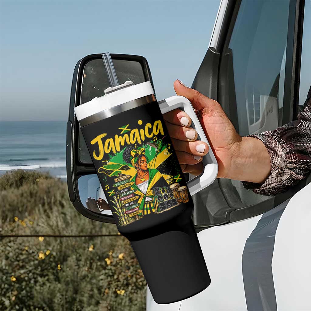 Proud Jamaican Queen Jamaica Roots Heritage Tumbler With Handle Doctor Bird and Island Landmarks Graphic