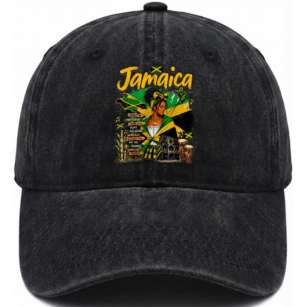 Proud Jamaican Queen Jamaica Roots Heritage Washed Cotton Baseball Cap Doctor Bird and Island Landmarks Graphic
