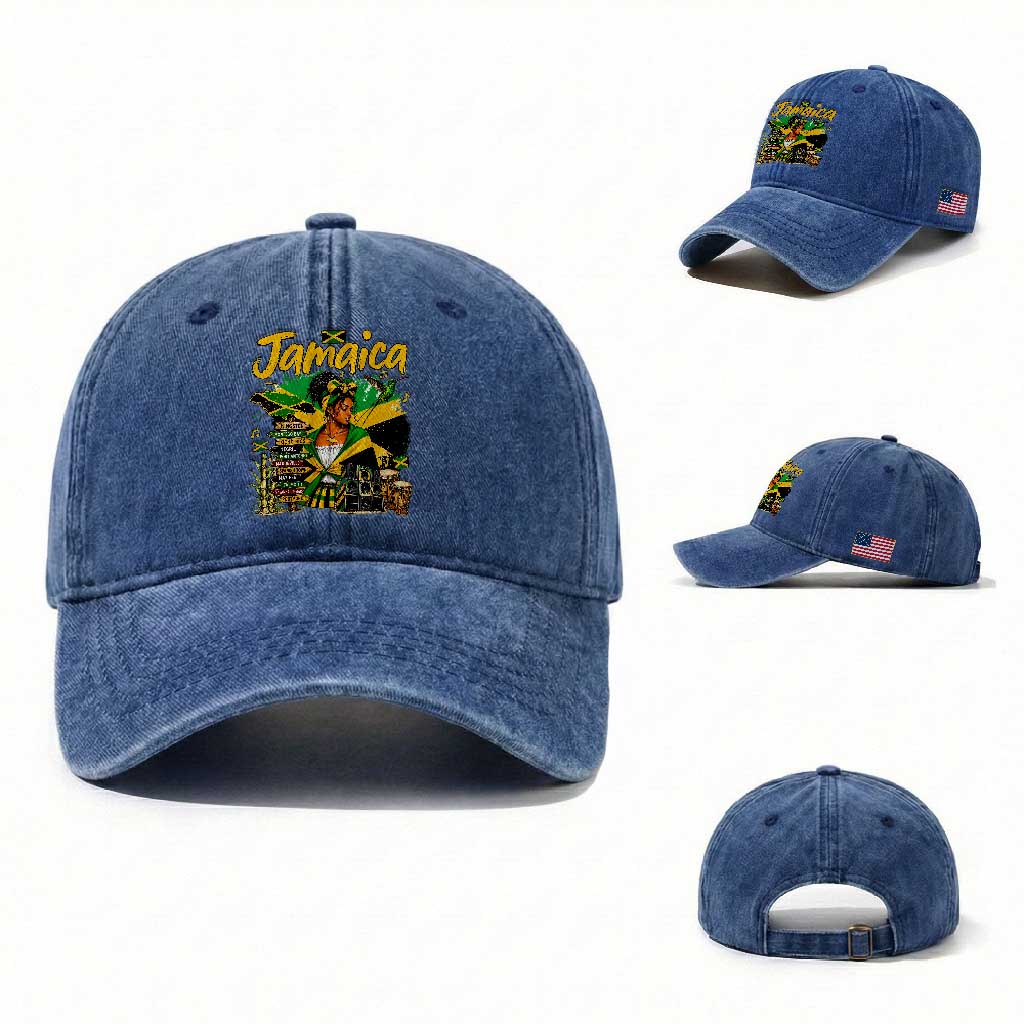 Proud Jamaican Queen Jamaica Roots Heritage Washed Cotton Baseball Cap Doctor Bird and Island Landmarks Graphic