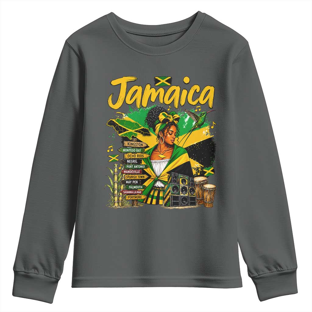 Proud Jamaican Queen Jamaica Roots Heritage Youth Sweatshirt Doctor Bird and Island Landmarks Graphic