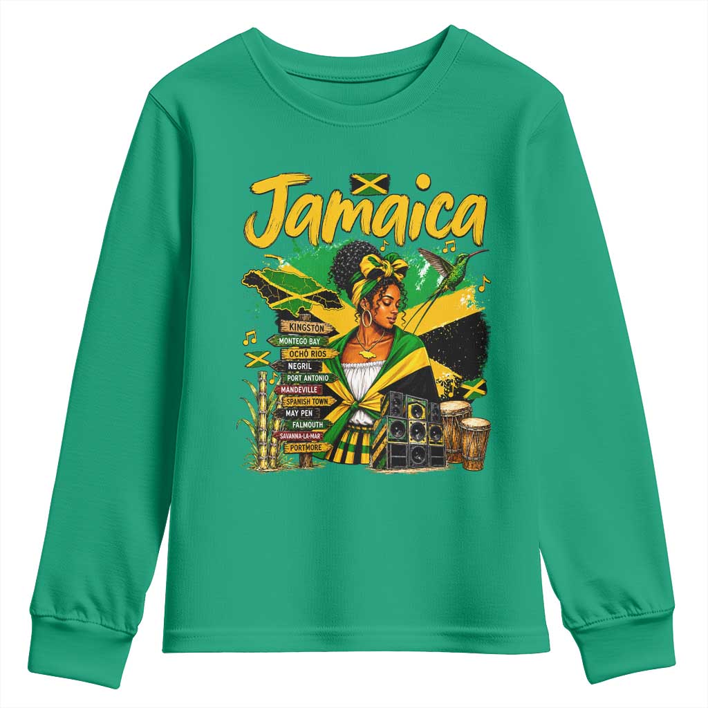 Proud Jamaican Queen Jamaica Roots Heritage Youth Sweatshirt Doctor Bird and Island Landmarks Graphic