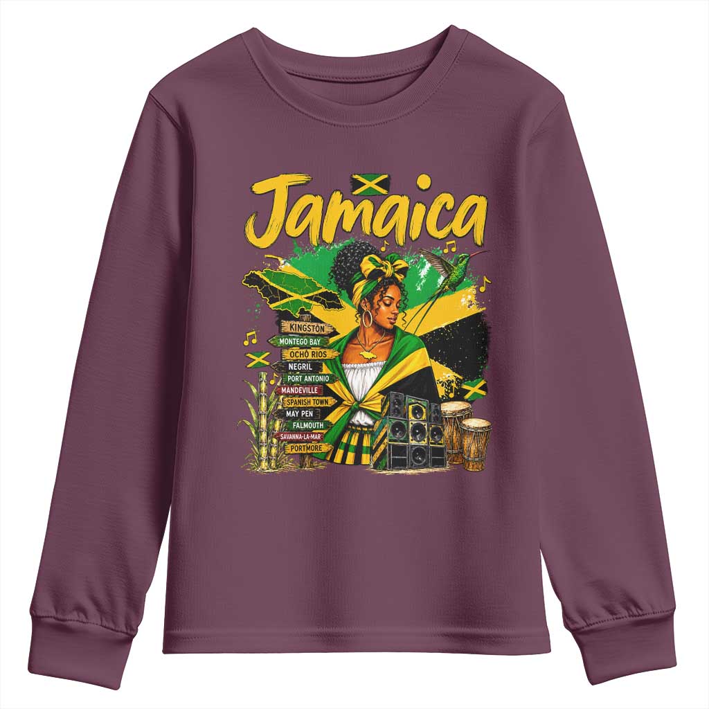 Proud Jamaican Queen Jamaica Roots Heritage Youth Sweatshirt Doctor Bird and Island Landmarks Graphic