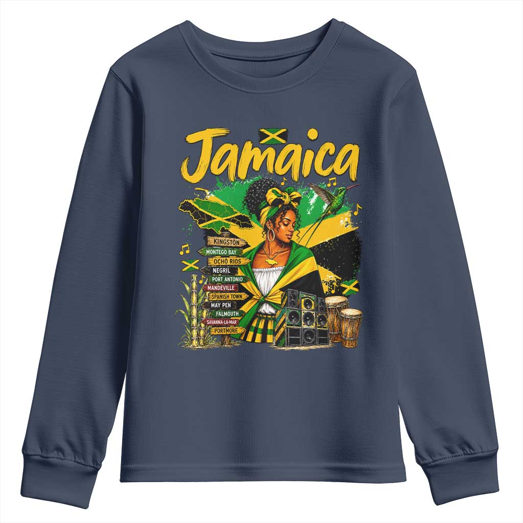 Proud Jamaican Queen Jamaica Roots Heritage Youth Sweatshirt Doctor Bird and Island Landmarks Graphic