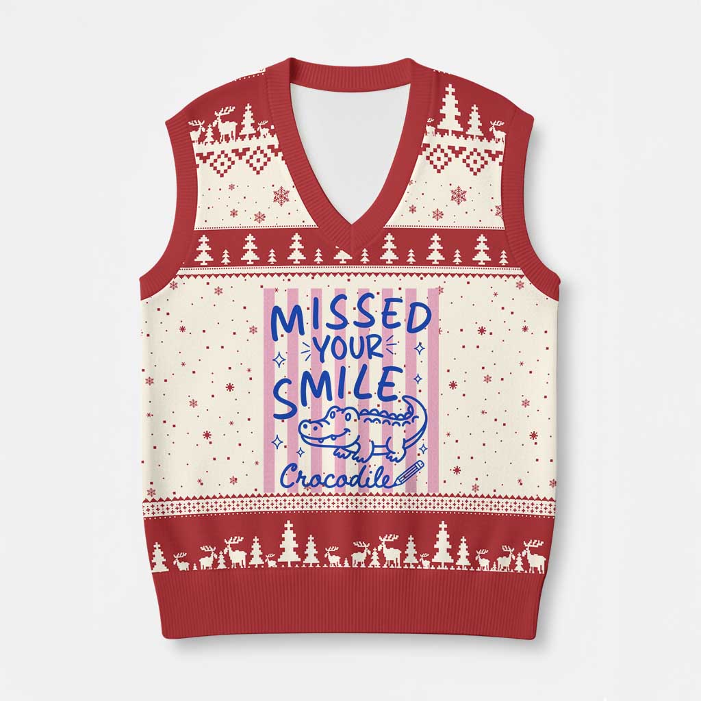 Cute Crocodile Pun Back To School Retro Preppy V-Neck Knit Sweater Vest Missed Your Smile Crocodile