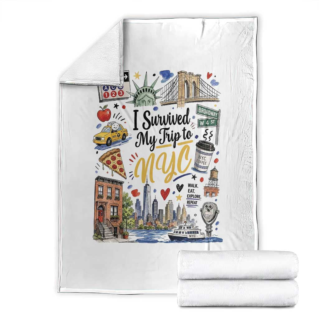 I Survived My Trip To NYC Iconic Symbols Graphic Throw Blanket Funny New York City Travel Humor Vacation Souvernir