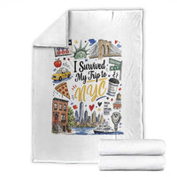 I Survived My Trip To NYC Iconic Symbols Graphic Throw Blanket Funny New York City Travel Humor Vacation Souvernir