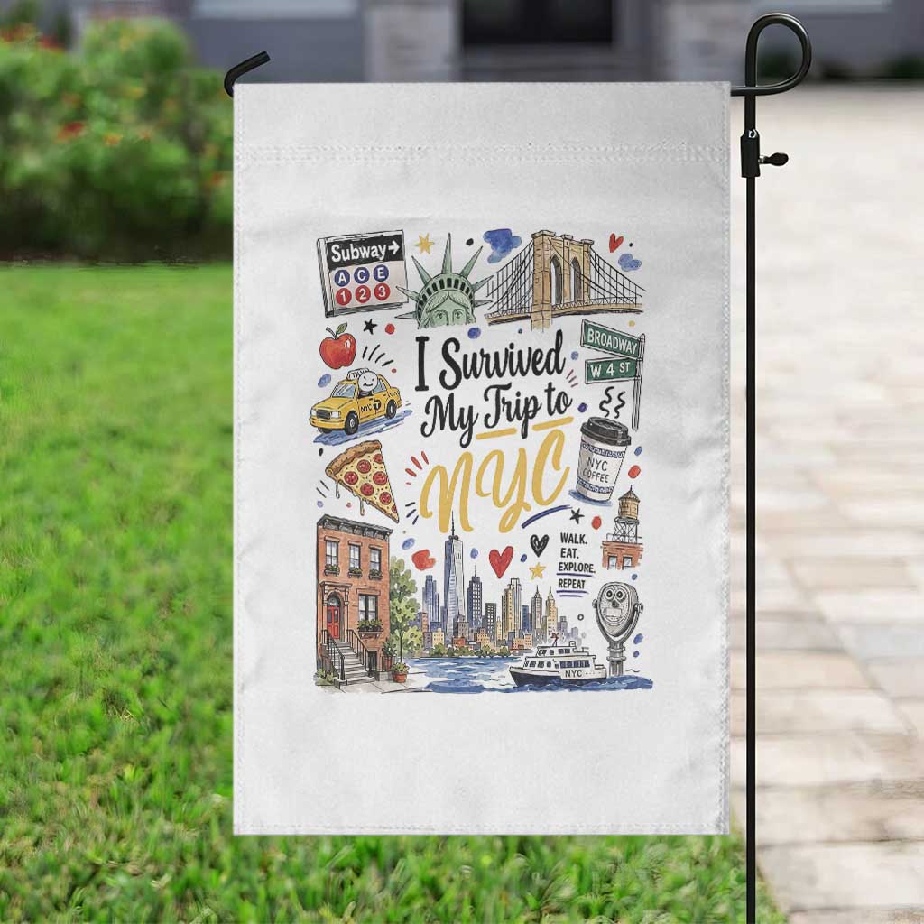 I Survived My Trip To NYC Iconic Symbols Graphic Garden Flag Funny New York City Travel Humor Vacation Souvernir