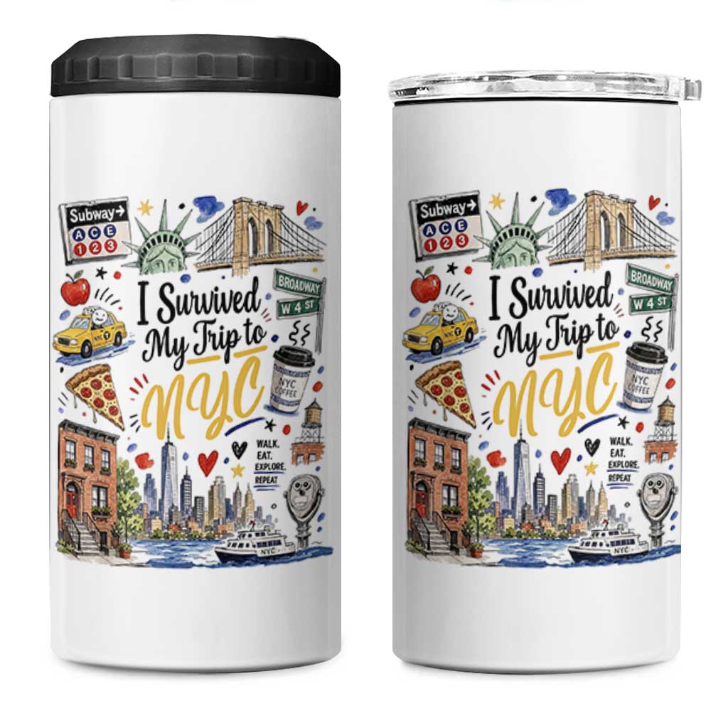 I Survived My Trip To NYC Iconic Symbols Graphic 4 in 1 Can Cooler Tumbler Funny New York City Travel Humor Vacation Souvernir